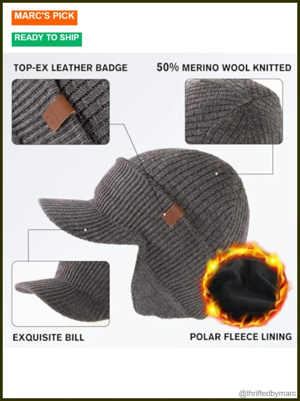 50% Merino Wool Fleece Lined Beanie with Ear Flaps & Brim Waterproof
